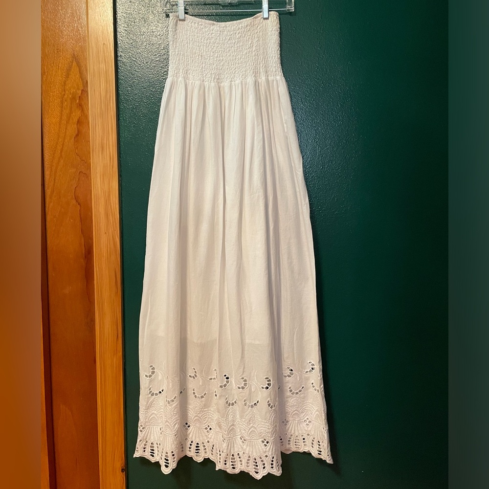 White lace strapless floor length sundress